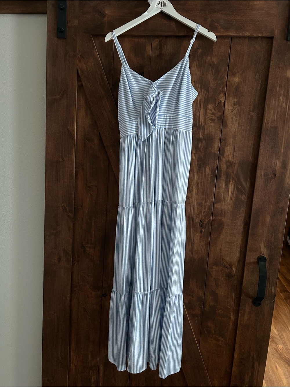 CeCe Light Blue and White Striped Tie-Front Maxi Dress